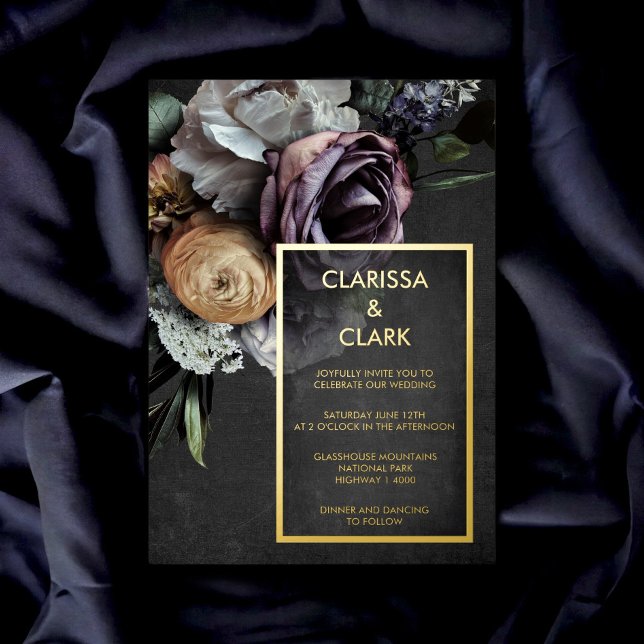 Dark Moody Bold Floral Gold Wedding Foil Invitation (Creator Uploaded)