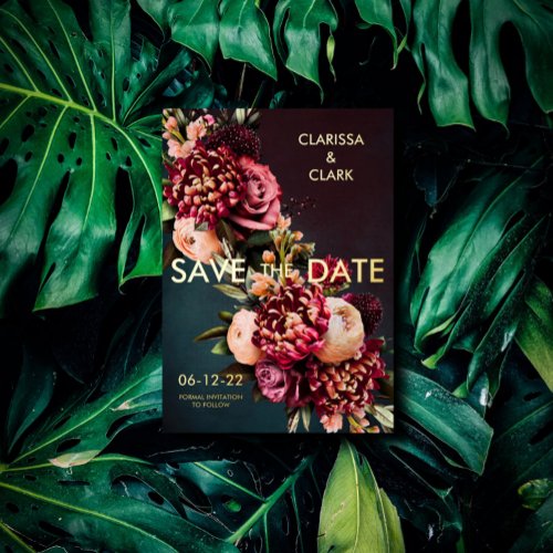 Dark Moody Bold Floral Marsala Save The Date Foil Invitation