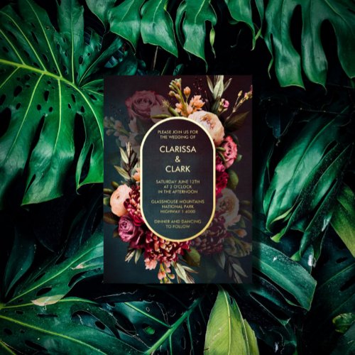 Dark Moody Bold Floral Marsala Wedding  Foil Invit Foil Invitation