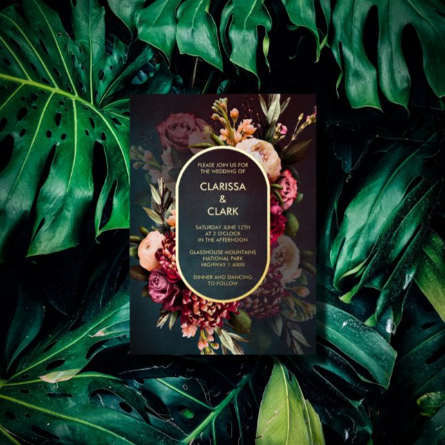 Dark Moody Bold Floral Marsala Wedding  Foil Invit Foil Invitation (Creator Uploaded)