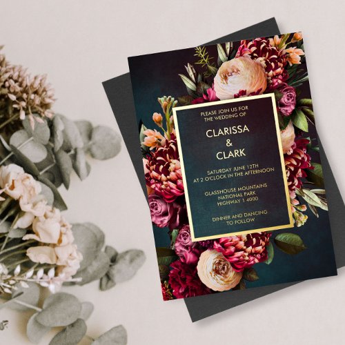 Dark Moody Bold Floral Marsala Wedding  Foil Invit Foil Invitation