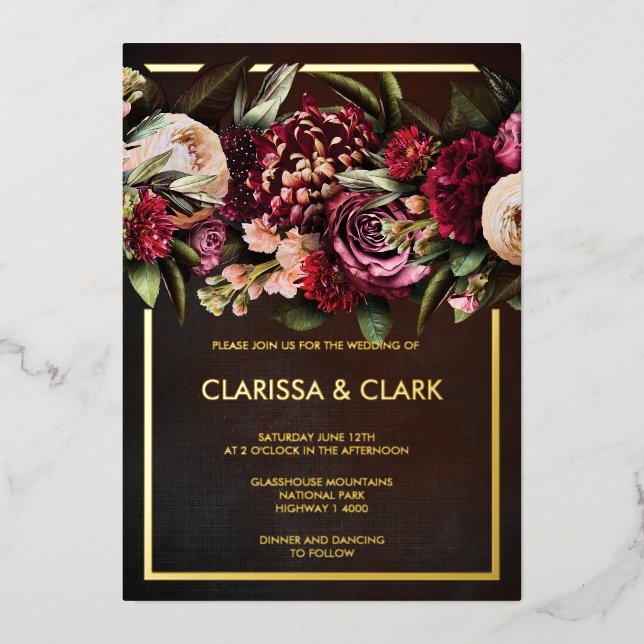 Dark Moody Bold Floral Marsala Wedding  Foil Invit Invitation (Front)