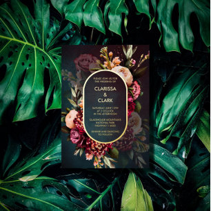 Dark Moody Bold Floral Marsala Wedding  Foil Invit Invitation