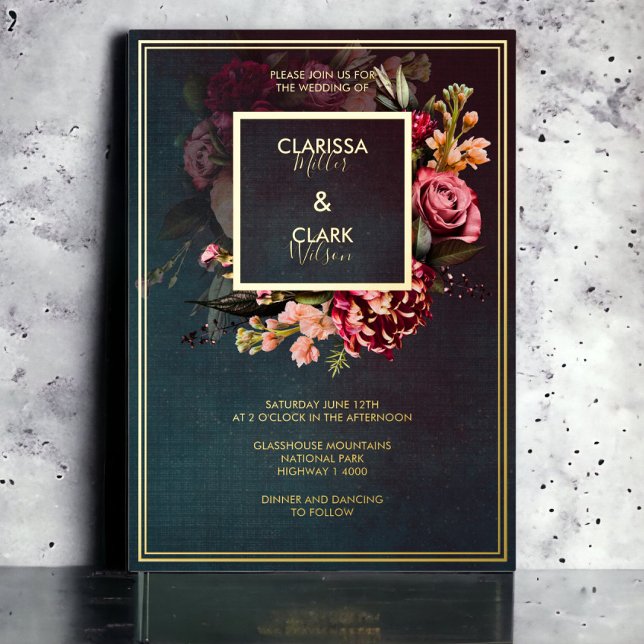 Dark Moody Bold Floral Marsala Wedding Foil Invita Foil Invitation (Creator Uploaded)