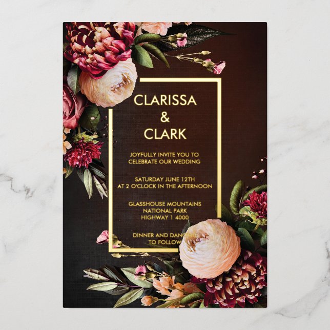 Dark Moody Bold Floral Marsala Wedding  Foil Invitation (Front)