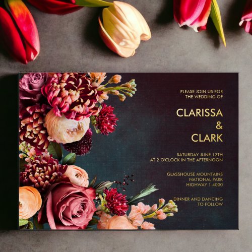 Dark Moody Bold Floral Marsala Wedding Foil Invitation