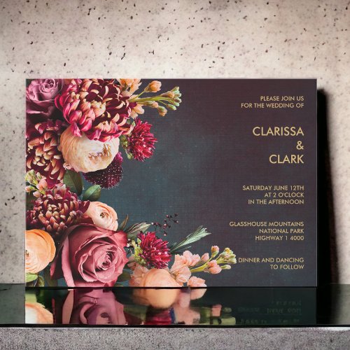 Dark Moody Bold Floral Marsala Wedding Invitation