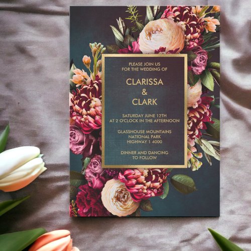 Dark Moody Bold Floral Marsala Wedding Invitation