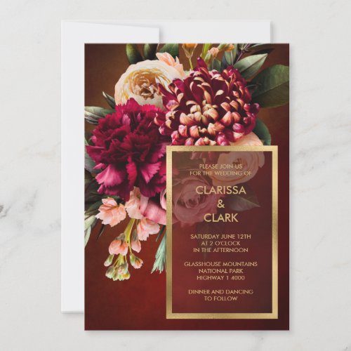 Dark Moody Bold Floral Marsala Wedding Invitation