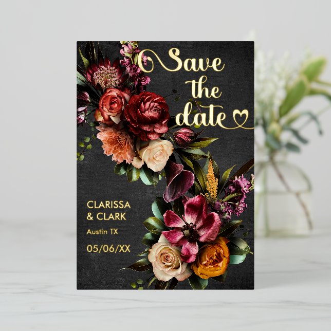 Dark Moody Bold Wild Flower Save The Date Foil Invitation (Standing Front)