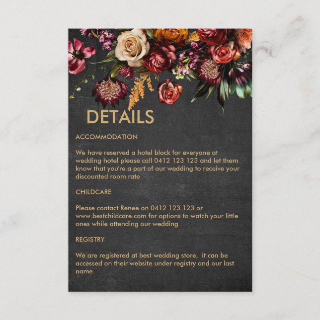 Dark Moody Bold Wild Flower Wedding Enclosure Card (Front)
