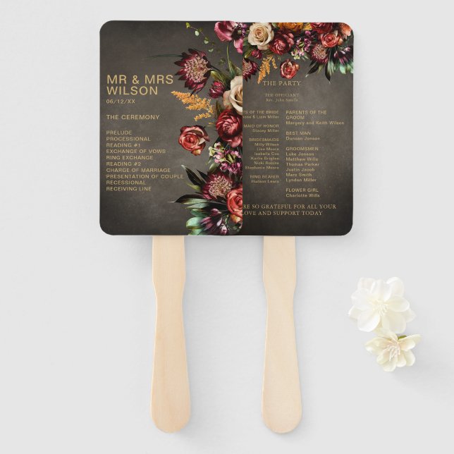 Dark Moody Bold Wild Flower Wedding Program Hand Fan (Front and Back)