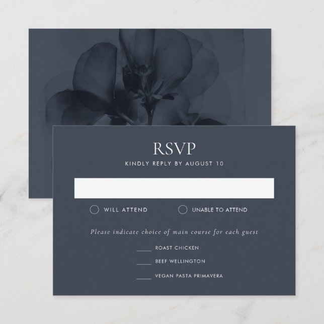 Dark Moody Botanical Blue Flower Wedding RSVP Card (Front/Back)