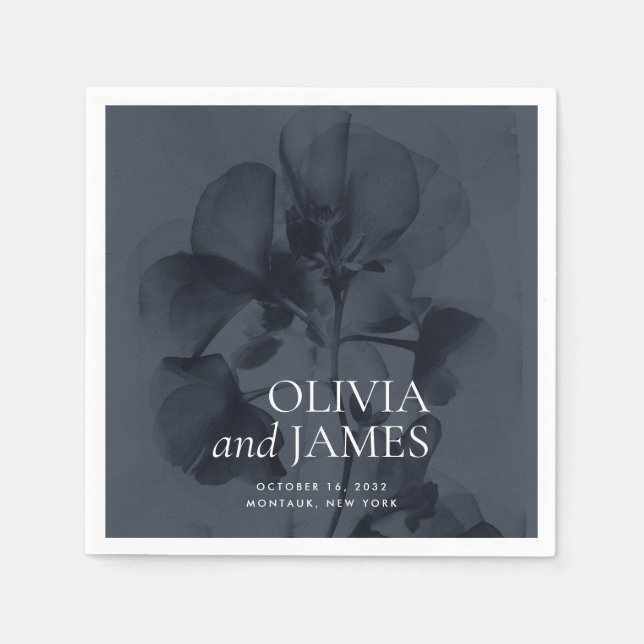 Dark Moody Botanical Dark Blue Wedding Names Napkins (Front)