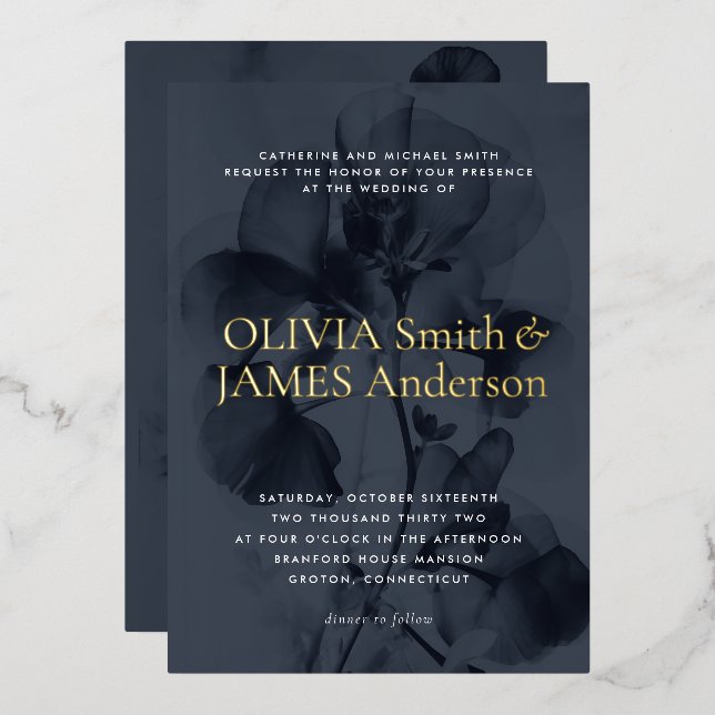 Dark Moody Botanical Overlay Blue Wedding Gold Foil Invitation (Front/Back)