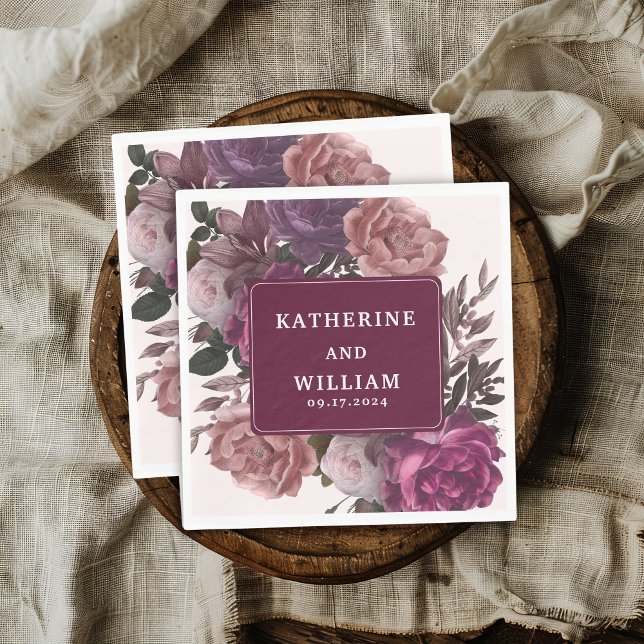 Dark moody burgundy and purple floral Wedding Napkins (Creator Uploaded)