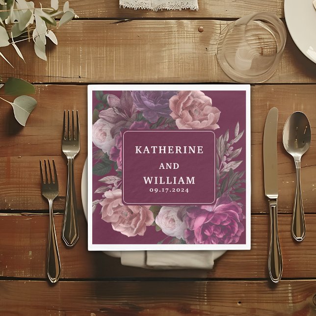Dark moody burgundy and purple floral Wedding Napkins (Creator Uploaded)