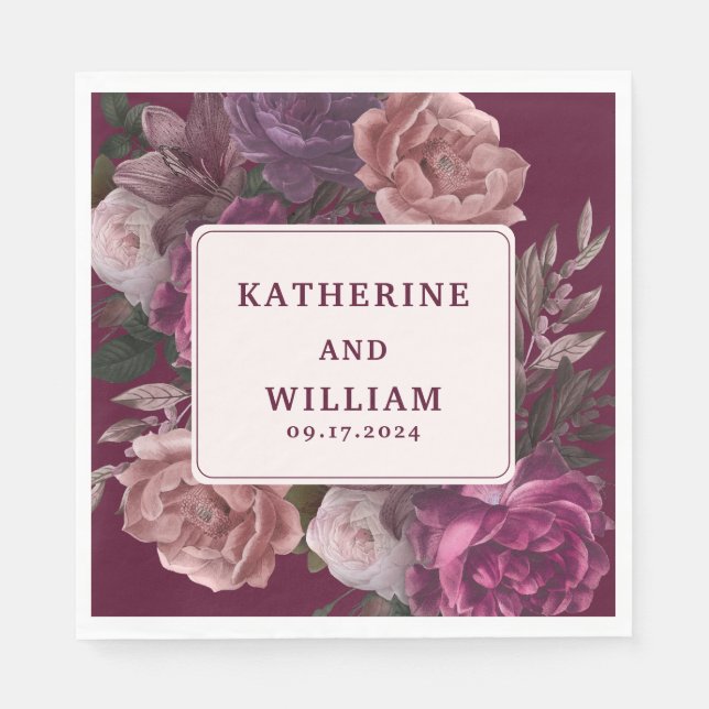 Dark moody burgundy and purple floral Wedding Napkins (Front)