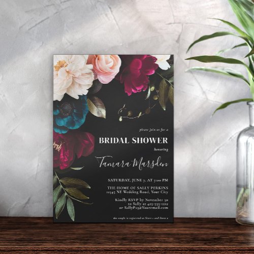 Dark Moody Burgundy Blue Blush Pink Black Floral Invitation