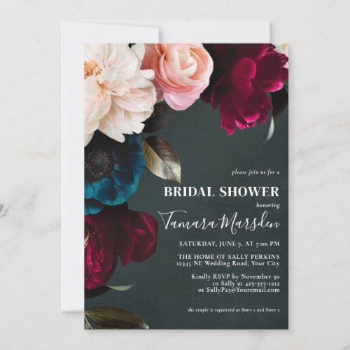 Dark Moody Burgundy Blue Blush Pink Floral  Invitation