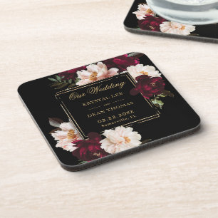 Dark Moody Burgundy Blush Black Floral Wedding Beverage Coaster