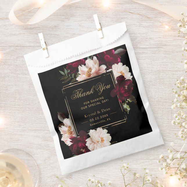 Dark Moody Burgundy Blush Black Floral Wedding Favor Bag (Clipped)