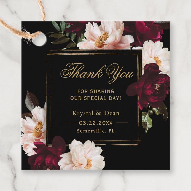 Dark Moody Burgundy Blush Black Floral Wedding Favor Tags (Front)