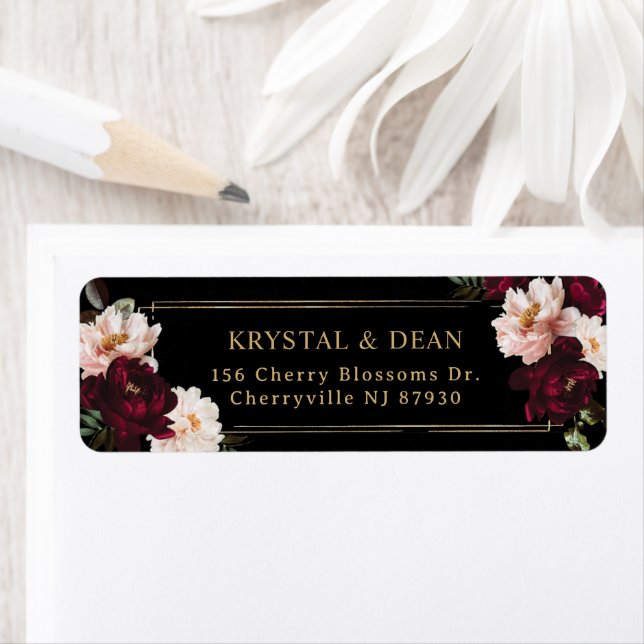 Dark Moody Burgundy Blush Black Floral Wedding Label (Insitu)