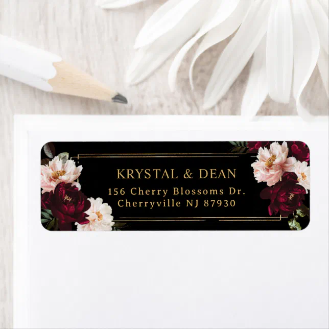 Dark Moody Burgundy Blush Black Floral Wedding Label | Zazzle