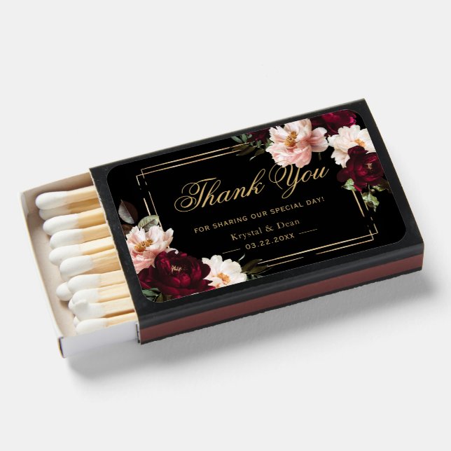 Dark Moody Burgundy Blush Black Floral Wedding Matchboxes (Front Open)