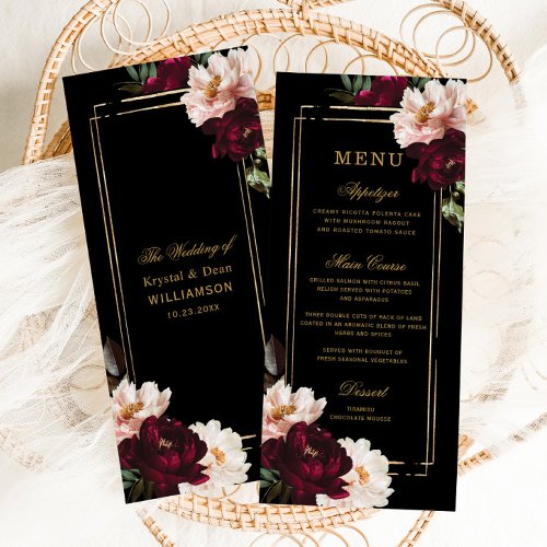 Dark Moody Burgundy Blush Black Floral Wedding Menu