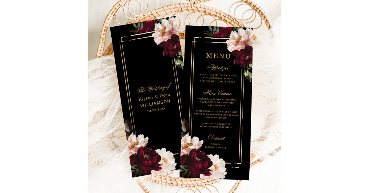 Dark Moody Burgundy Blush Black Floral Wedding Menu | Zazzle
