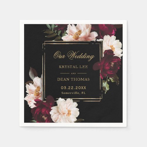 Dark Moody Burgundy Blush Black Floral Wedding Napkins