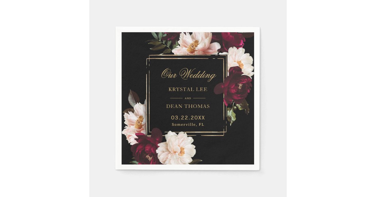 Dark Moody Burgundy Blush Black Floral Wedding Napkins | Zazzle