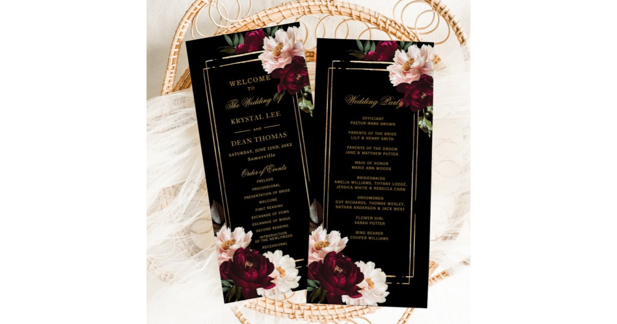 Dark Moody Burgundy Blush Black Floral Wedding Program | Zazzle