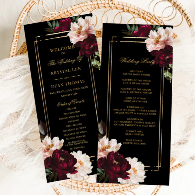 Dark Moody Burgundy Blush Black Floral Wedding Program | Zazzle