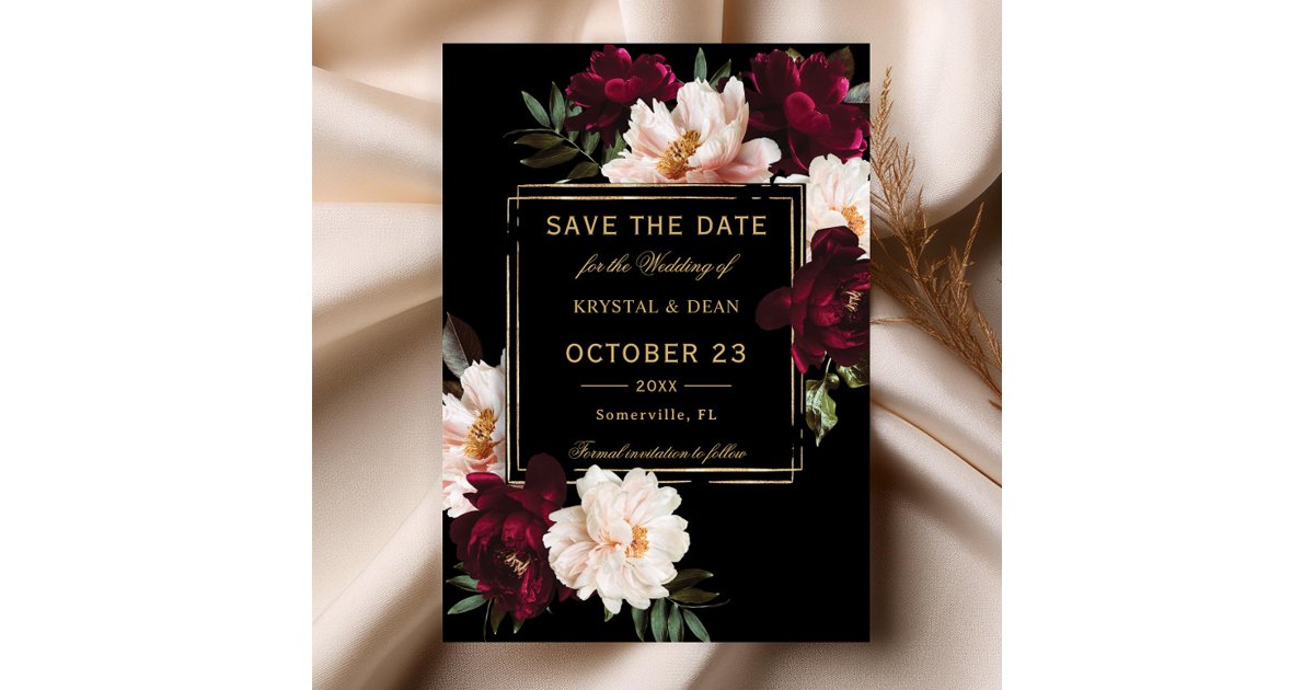 Dark Moody Burgundy Blush Black Floral Wedding Save The Date | Zazzle