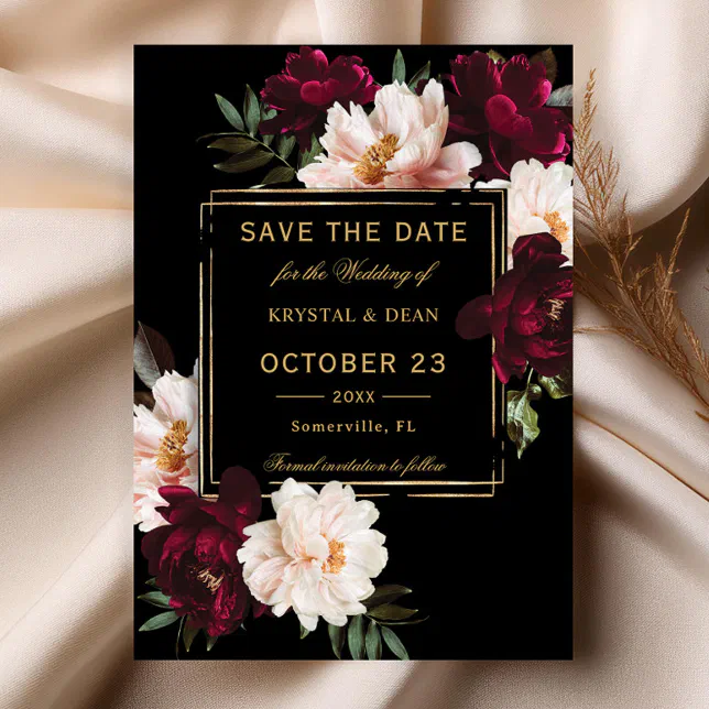 Dark Moody Burgundy Blush Black Floral Wedding Save The Date | Zazzle