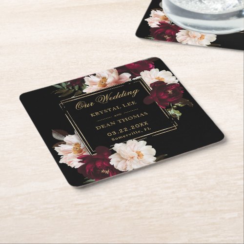 Dark Moody Burgundy Blush Black Floral Wedding Square Paper Coaster