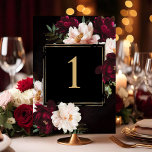 Dark Moody Burgundy Blush Black Floral Wedding Table Number<br><div class="desc">Effortlessly personalize this elegant wedding table number with just a few clicks. Use the "Edit Using Design Tools" button to customize the text, change fonts, and adjust font colors to match your theme. This design features stunning, realistic burgundy and blush peony flowers set against a sophisticated dark black background. Matching...</div>