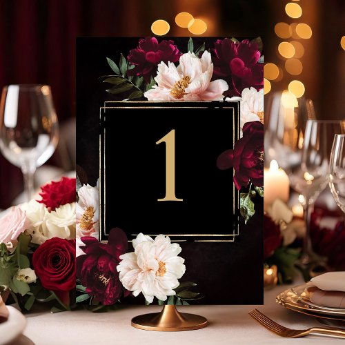 Dark Moody Burgundy Blush Black Floral Wedding Table Number