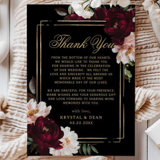 Dark Moody Burgundy Blush Black Floral Wedding Thank You Card