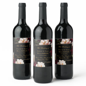 Dark Moody Burgundy Blush Black Floral Wedding Wine Label