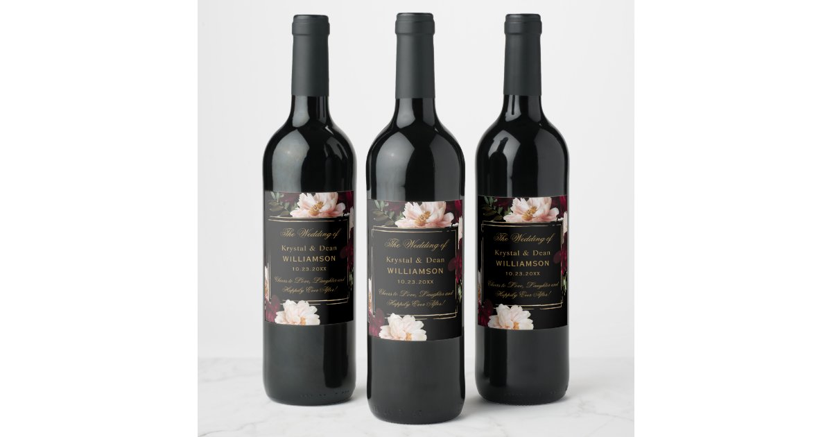Dark Moody Burgundy Blush Black Floral Wedding Wine Label | Zazzle