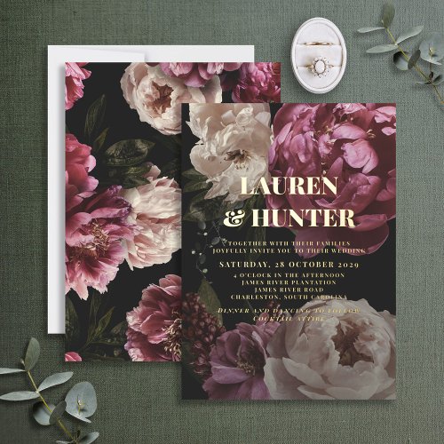 Dark Moody Burgundy Blush Botanical Wedding Gold Foil Invitation