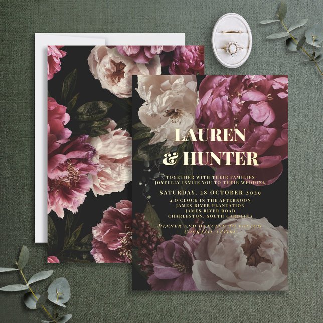 Dark Moody Burgundy Blush Botanical Wedding Gold Foil Invitation (Creator Uploaded)