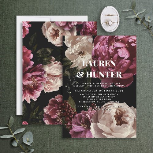 Dark Moody Burgundy Blush Floral Botanical Wedding Invitation