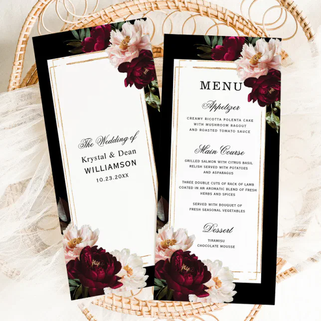 Dark Moody Burgundy Blush Floral Gold Wedding Menu | Zazzle