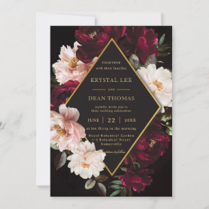 Dark Moody Burgundy Blush Floral Peonies Wedding Invitation