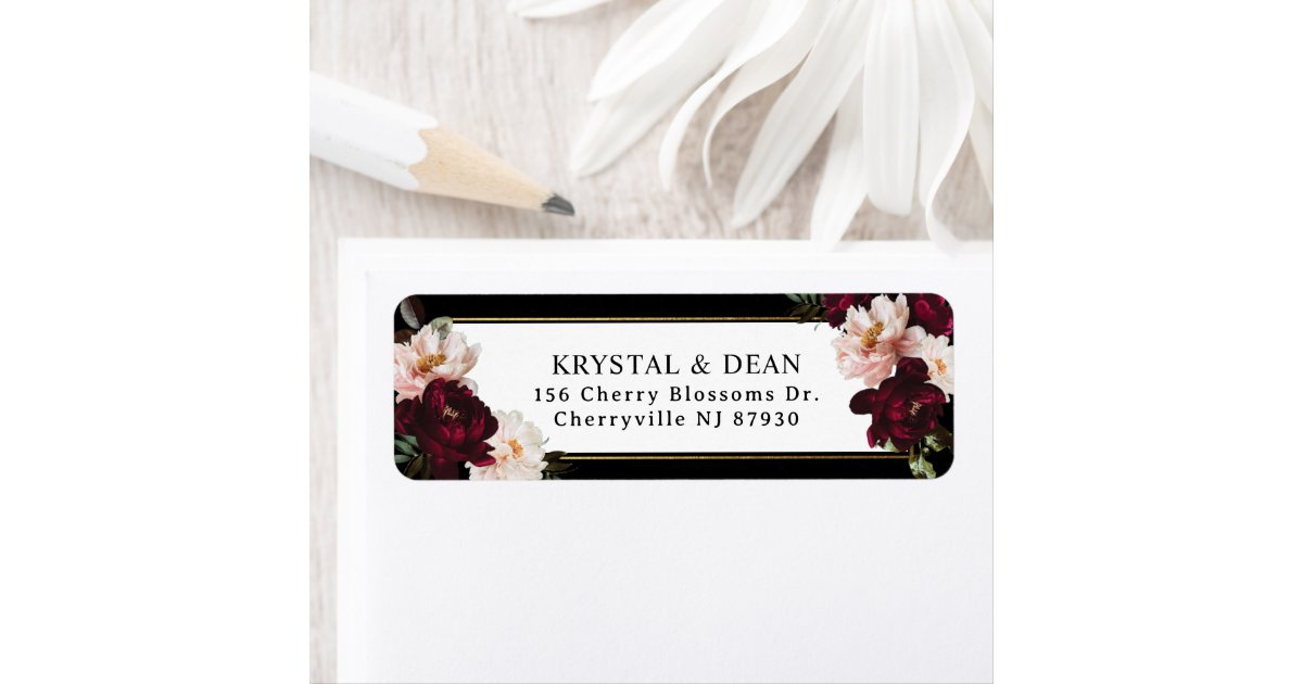 Dark Moody Burgundy Blush Floral Return Address Label | Zazzle
